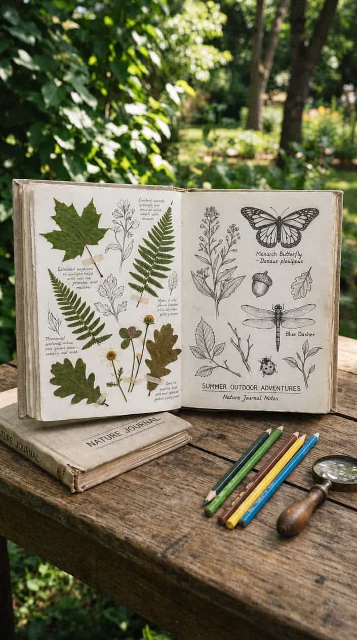 An open nature journal with pressed leaves and botanical sketches on a wooden table, accompanied by colored pencils and a magnifying glass.