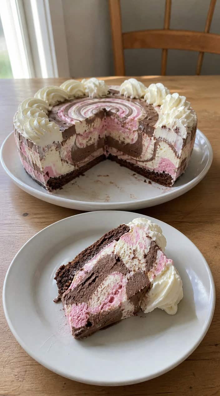 A sliced Neapolitan swirl ice cream cake in a round pan showing chocolate, vanilla, and strawberry flavors with party plates and spoons nearby.