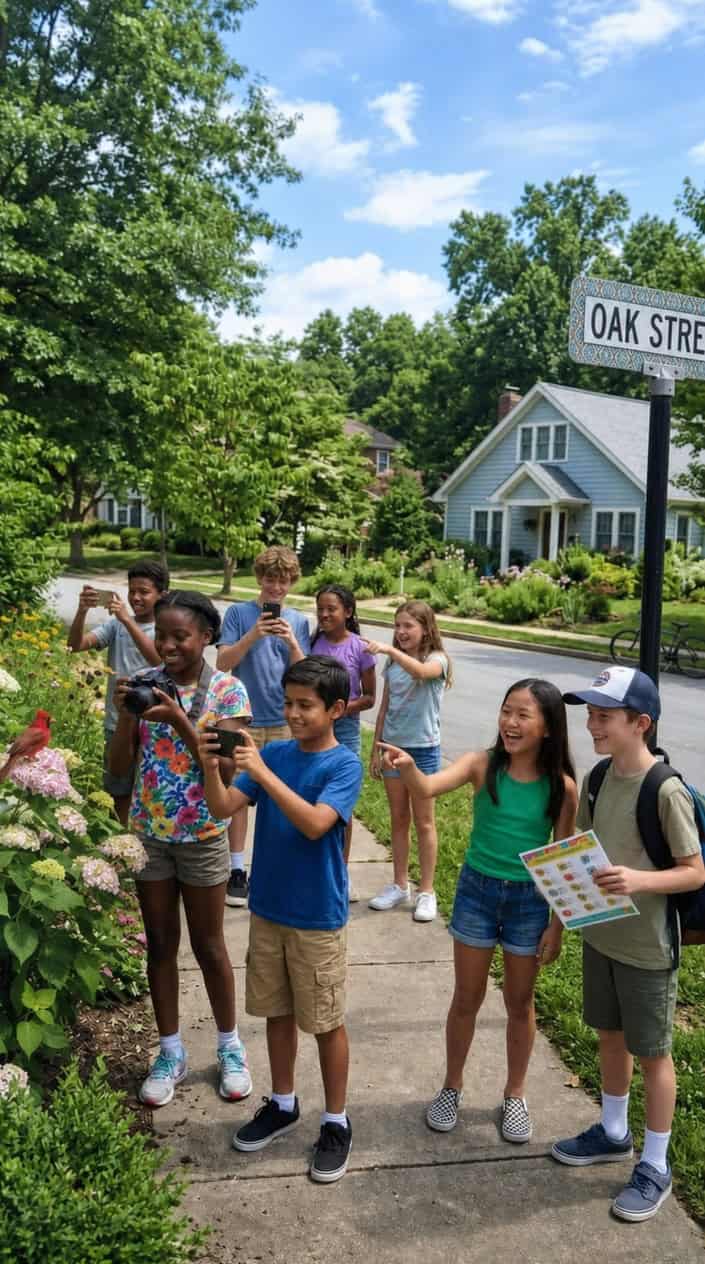 18 Kid-Friendly Outdoor Summer Activities for Tweens and Older Kids 2 A group of kids participating in a neighborhood scavenger hunt on a sunny day, comparing photos on their phones while walking together outside.