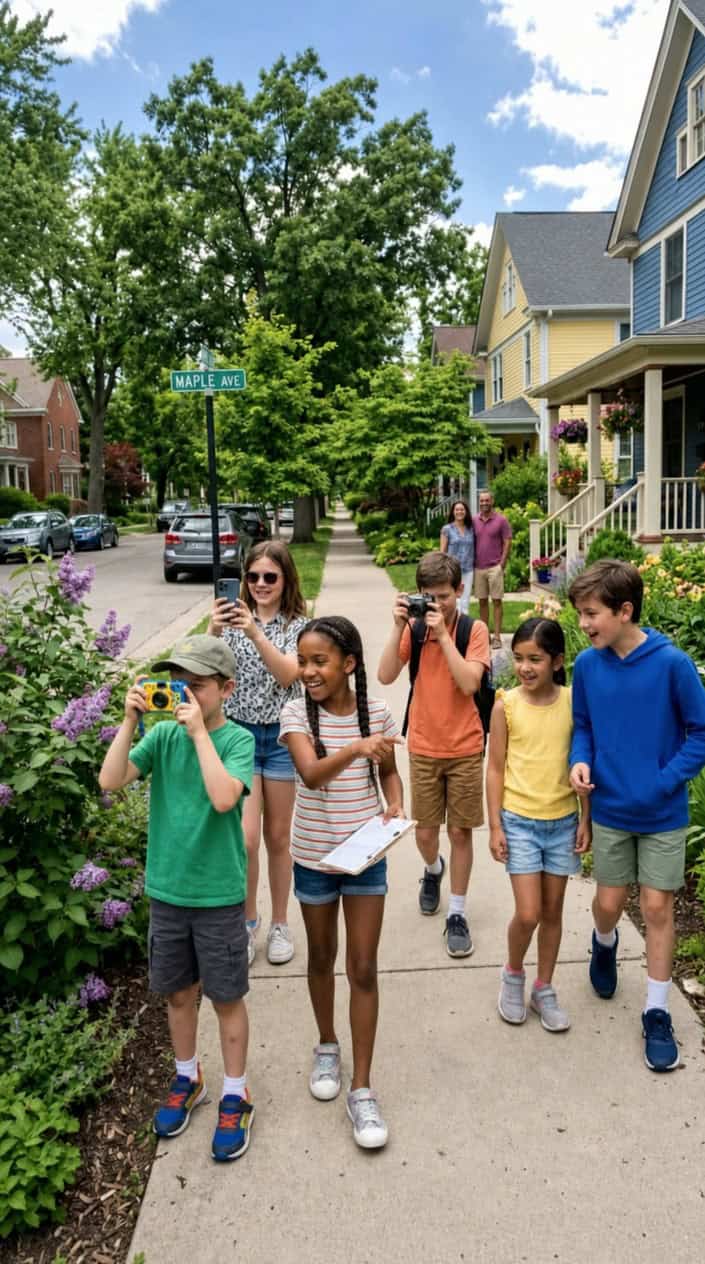 Children participating in a neighborhood scavenger hunt on a sunny day, taking photos and exploring the street together.