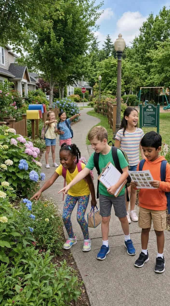 Physical Activities for Kids to Burn Off Energy 3 Children exploring a sunny neighborhood street during a scavenger hunt, looking at objects and holding picture checklists.