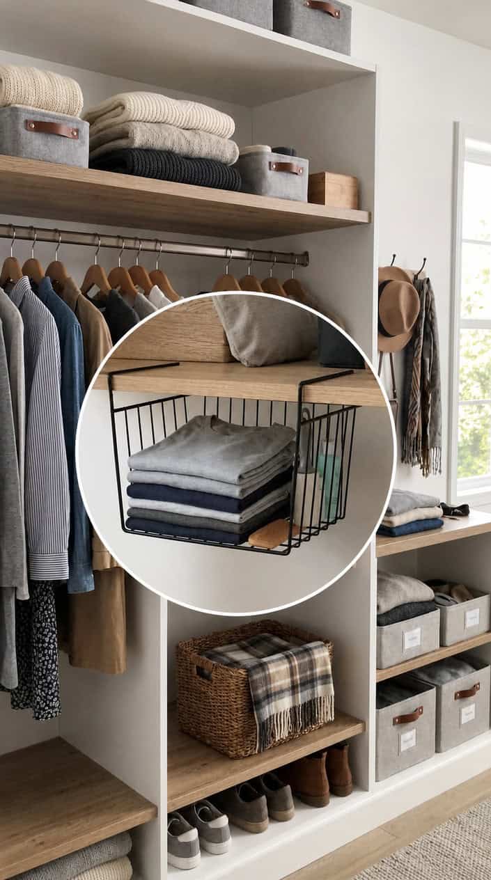A closet with a mounted under-shelf basket filled with folded clothes and storage items, surrounded by hanging clothes and shelves with neatly organized belongings.