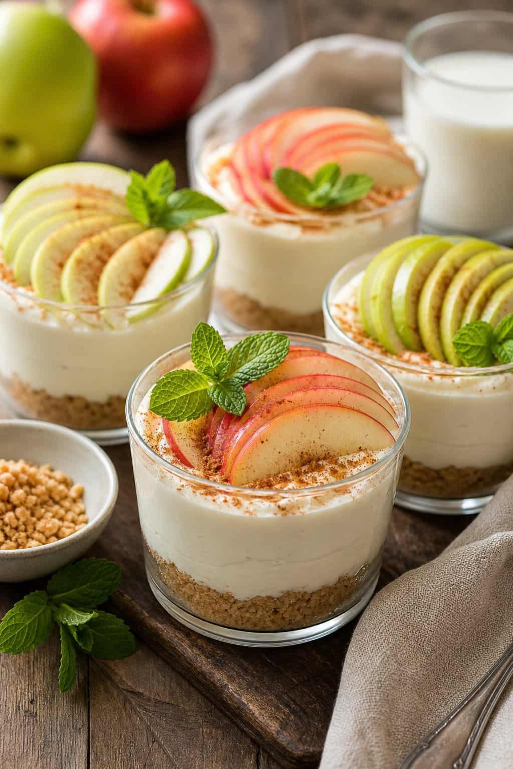 Close-up of no-bake apple cheesecake cups topped with sliced apples and mint on a wooden table with apples and dessert ingredients in the background.