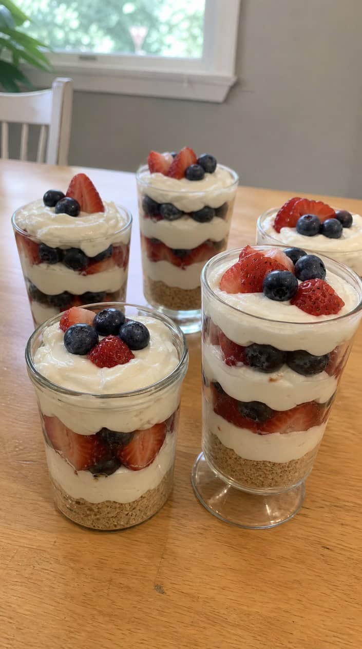 Three no-bake berry cheesecake parfaits in clear glasses with layers of creamy filling, strawberries, blueberries, and whipped cream on a wooden table with small star decorations.