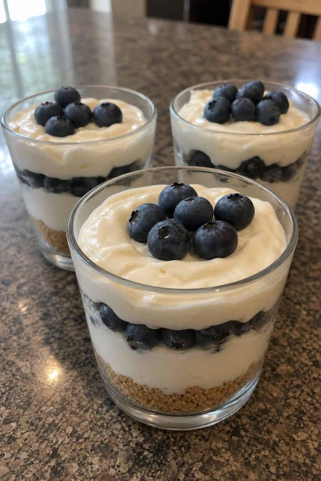Several glass cups filled with creamy blueberry cheesecake pudding topped with fresh blueberries and mint, arranged on a wooden surface.