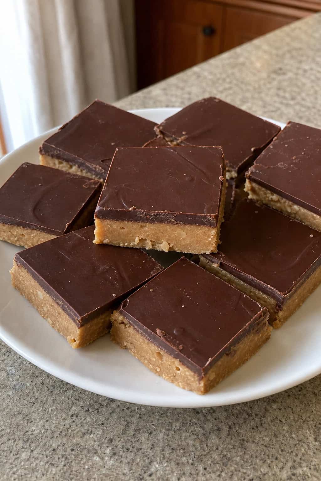 Close-up of no-bake chocolate peanut butter bars cut into squares on a wooden board with peanuts and peanut butter nearby.
