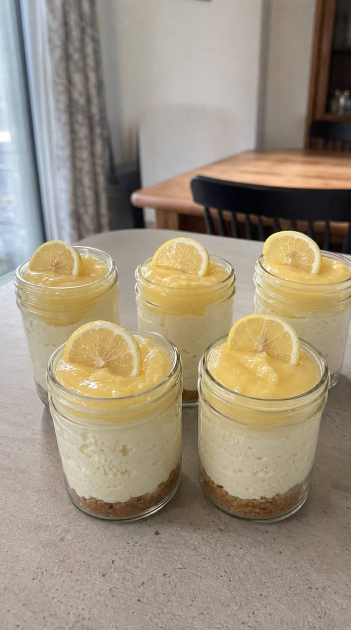 Several jars of no-bake lemon cheesecake topped with lemon slices and mint leaves on a wooden table outdoors in warm golden sunlight.