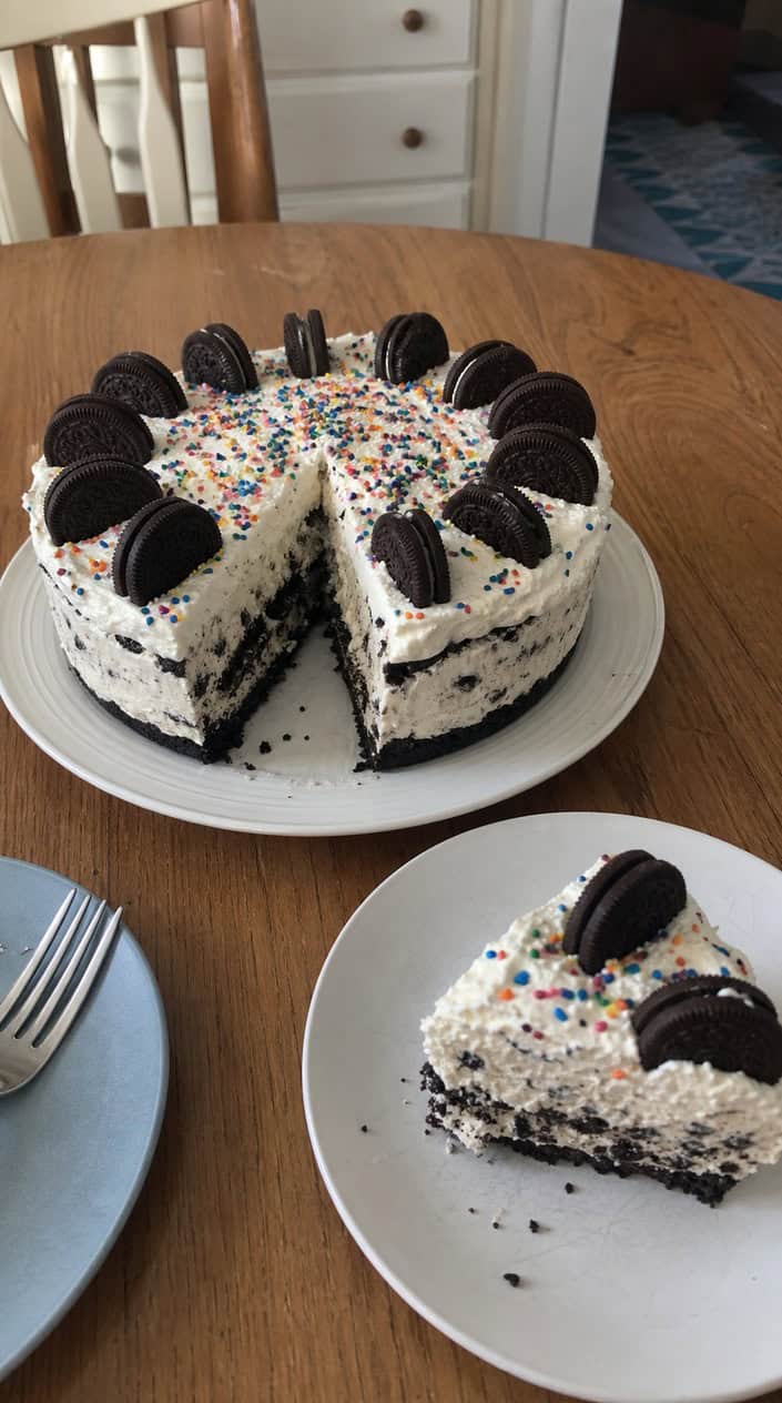 A round Oreo ice cream cake decorated with cookies and sprinkles on a wooden table at an outdoor birthday party with children in the background.
