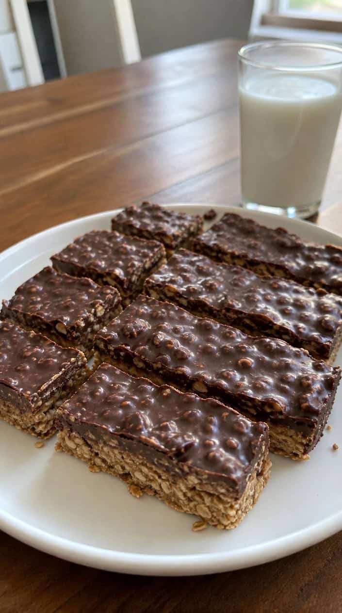 No-bake peanut butter chocolate oat bars on a wooden board with peanuts and chocolate pieces, set outdoors in a backyard during sunset.