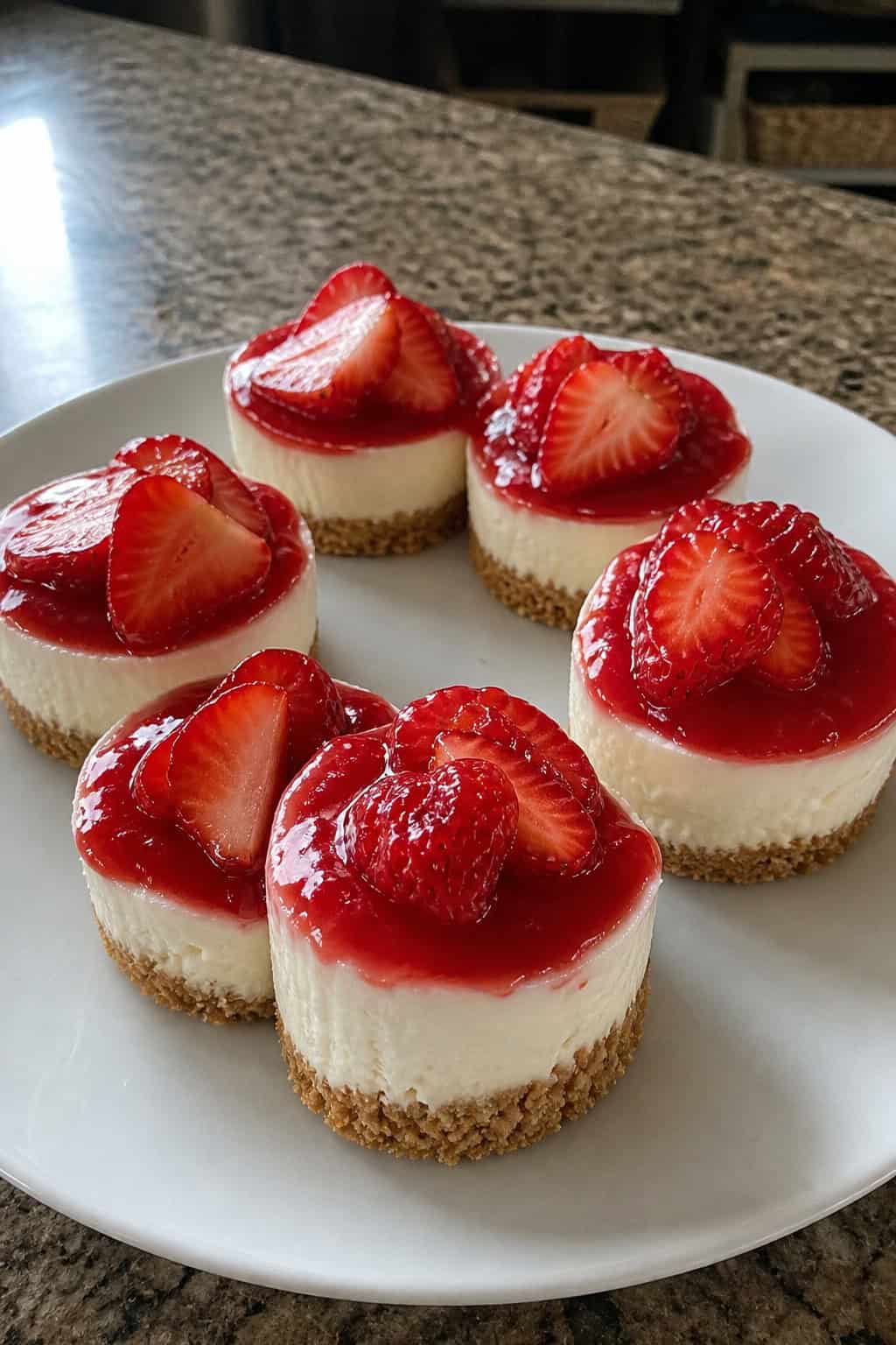 Close-up of several no-bake strawberry mini cheesecakes topped with fresh strawberry slices on a wooden serving board.