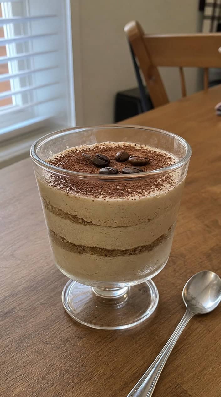 A glass cup with layered espresso semifreddo dessert topped with cocoa powder and coffee beans on a wooden table outdoors during golden hour with a blurred backyard in the background.
