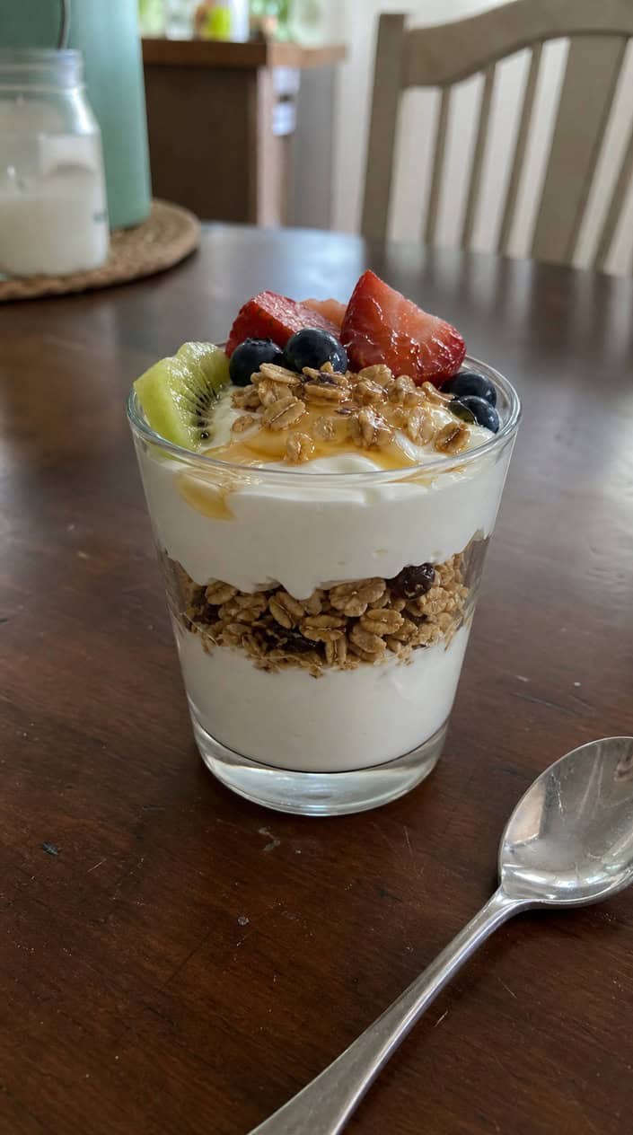A glass of Greek yogurt parfait layered with honey and granola, surrounded by fresh summer fruits on a wooden table.