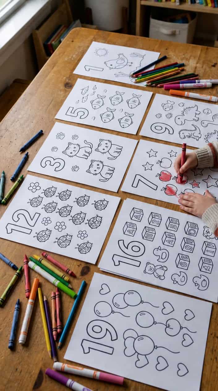 A collection of colorful counting coloring pages with numbers and matching groups of objects, laid out on a table with crayons and colored pencils nearby.