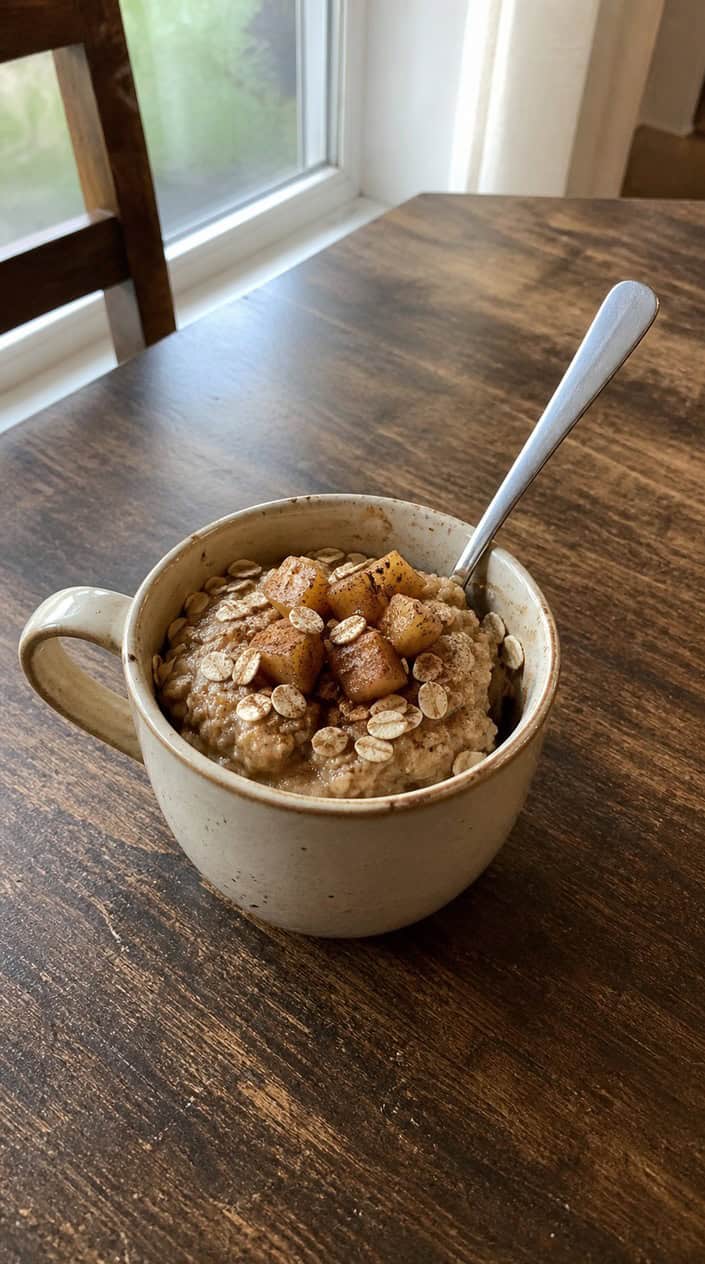 A wide ceramic mug filled with a rustic oatmeal mug cake topped with soft apple chunks and a visible dusting of cinnamon, surrounded on a wood table by thin apple slices, a whole cinnamon stick, and a small pile of rolled oats.