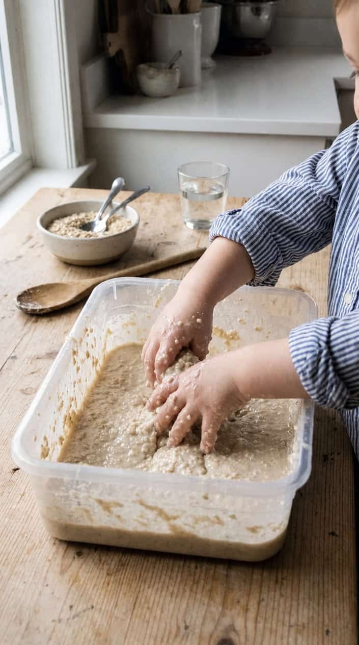 Child's hands playing with a sensory bin filled with oatmeal goo made from oats and water on a wooden table in a kitchen.