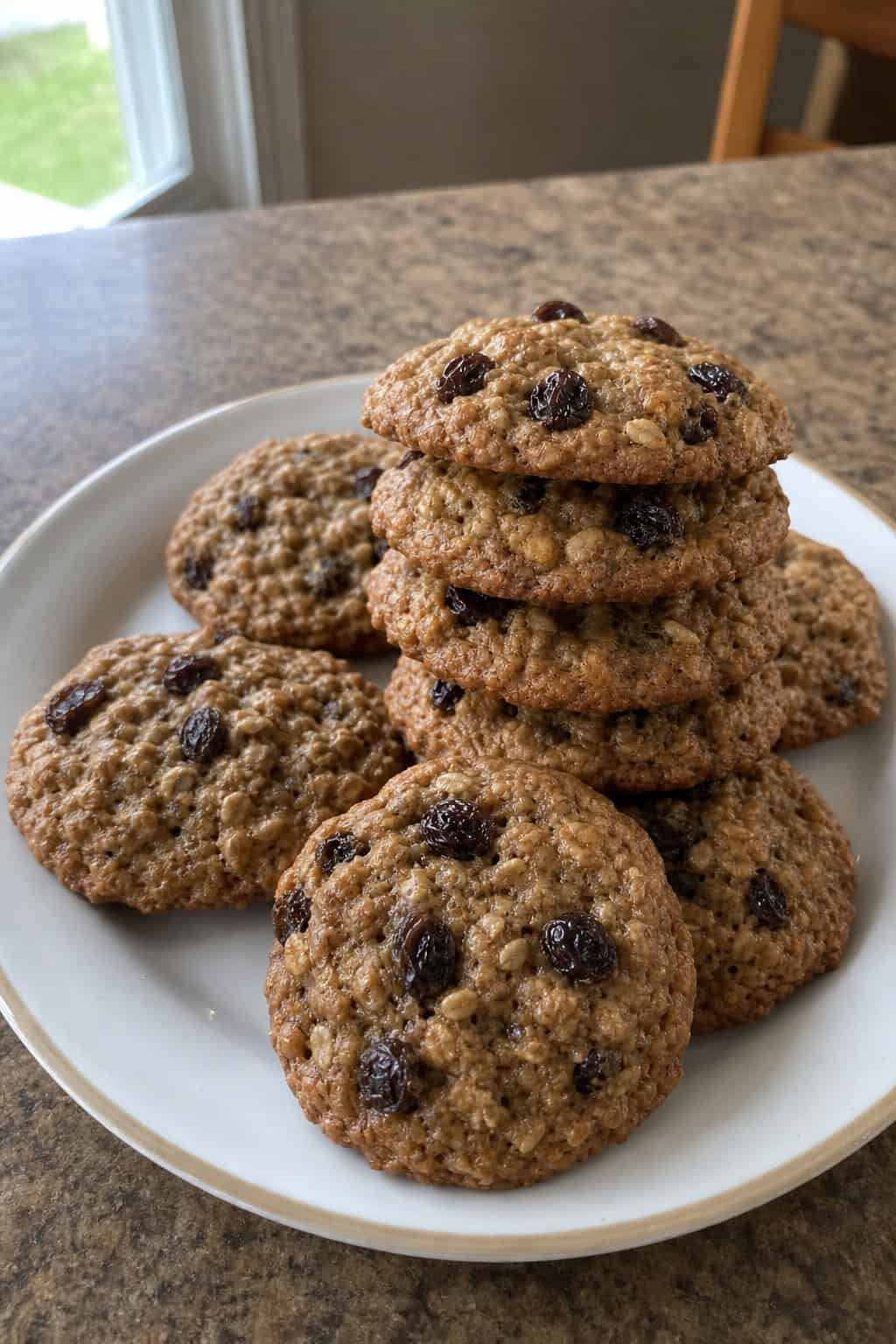 A close-up of freshly baked oatmeal raisin cookies arranged on a wooden surface with baking tools blurred in the background.