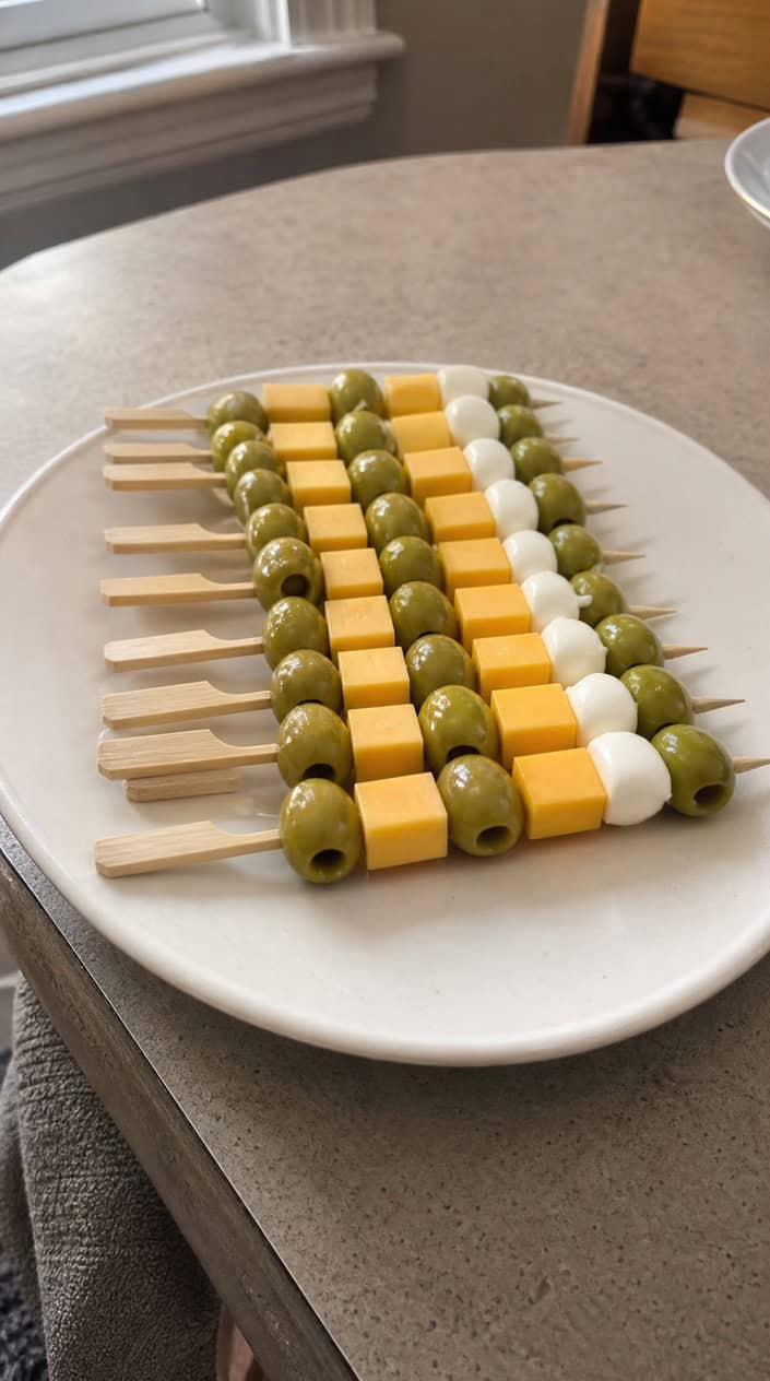 Close-up of olive and cheese skewers with green olives, cheese cubes, and basil leaves on a wooden board.