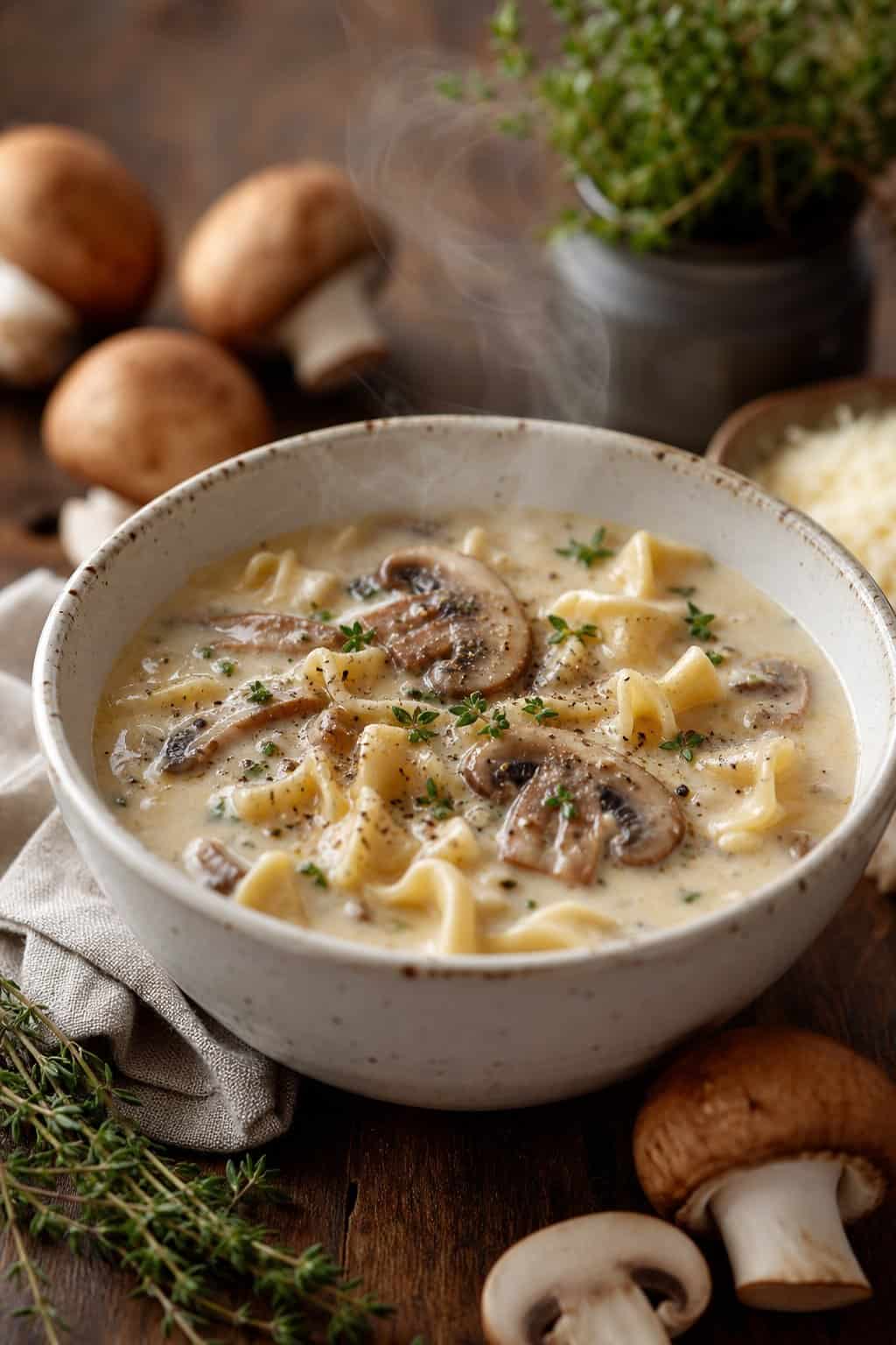 A steaming bowl of creamy mushroom pasta soup on a wooden table with fresh mushrooms and herbs nearby.