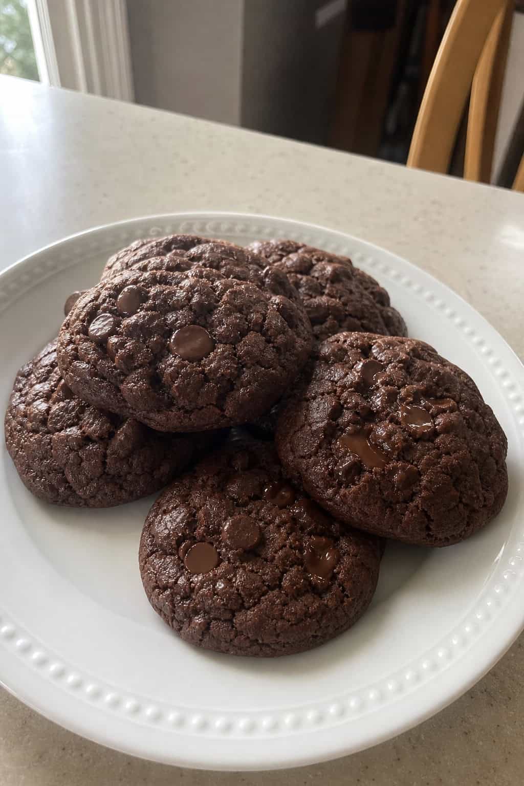 Freshly baked double chocolate cookies on a wooden surface with baking ingredients and a glass of milk in the background.