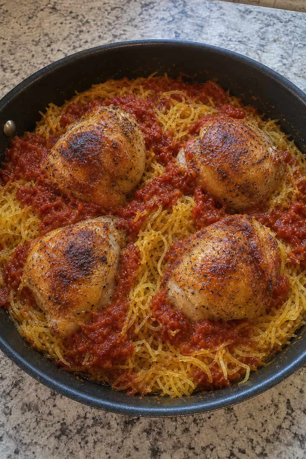 22 Chicken and Spaghetti Squash Recipes You’ll Love to Try Tonight! 2 A baked chicken dish with roasted spaghetti squash and marinara sauce served in a pan on a wooden table.