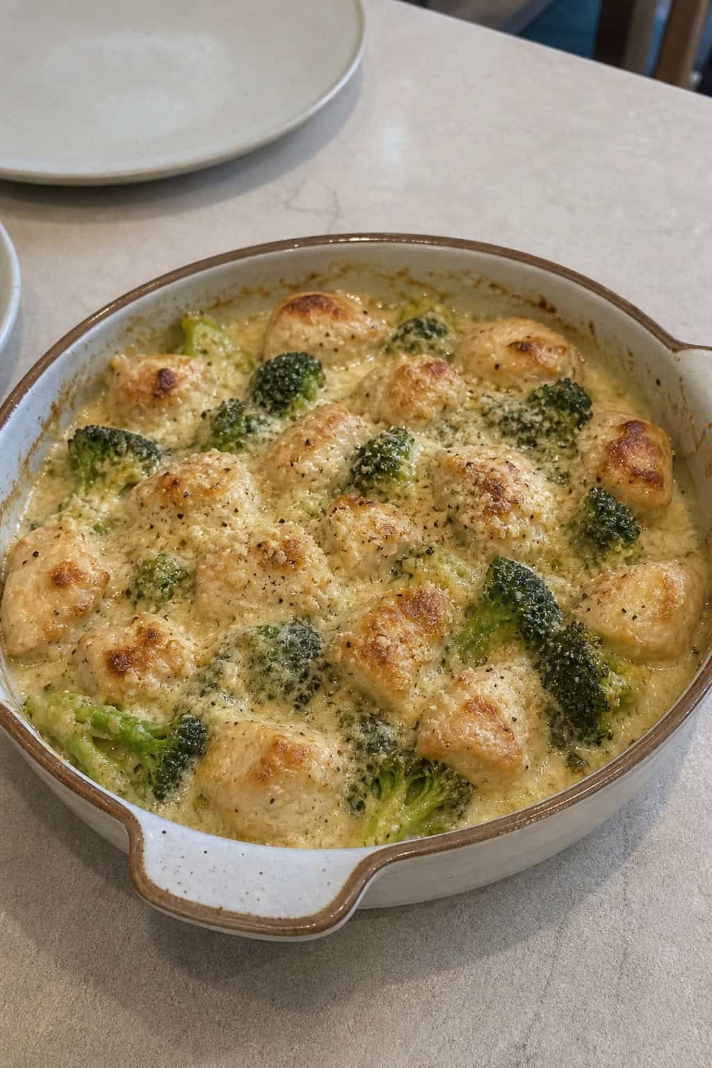 A baked broccoli chicken casserole dish with penne pasta, a creamy Alfredo sauce, and a golden Parmesan crust, garnished with fresh parsley on a wooden table.