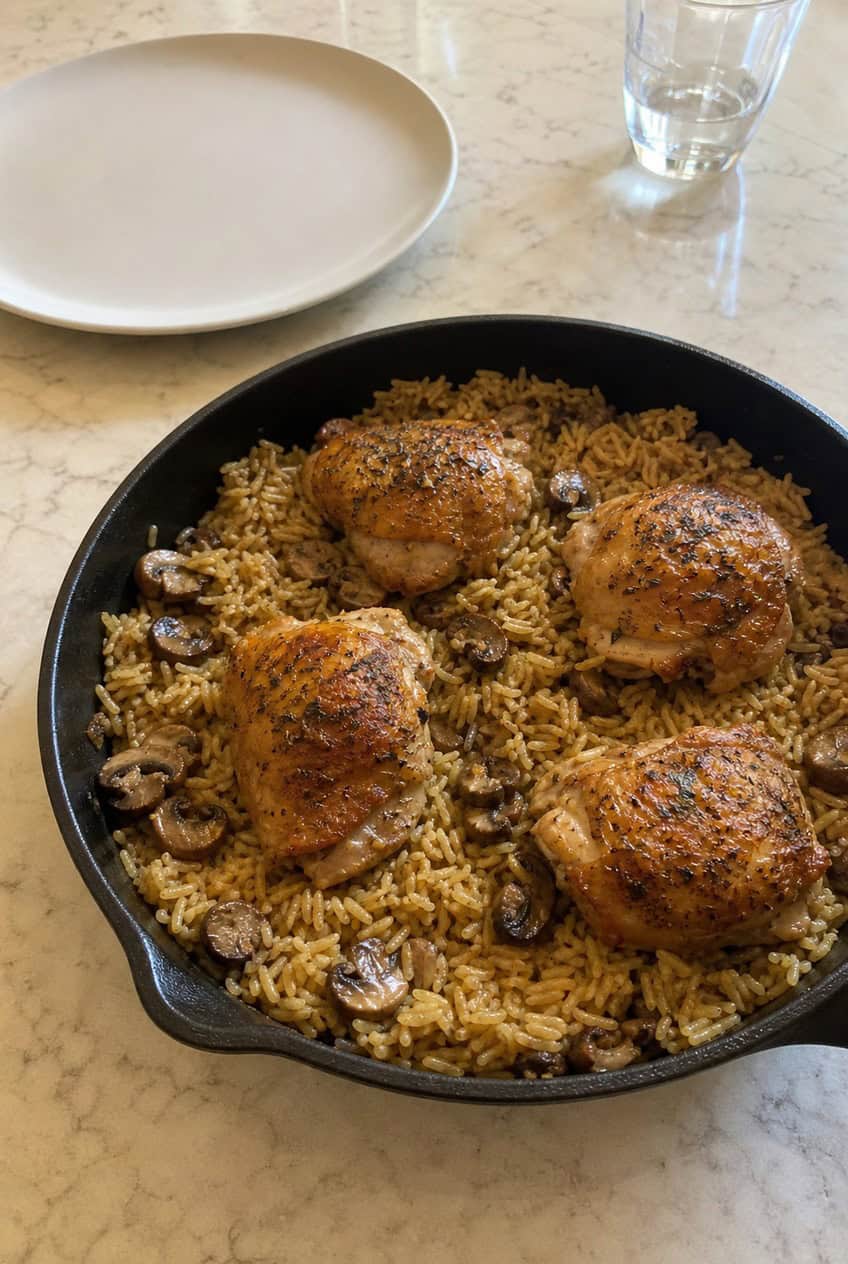 A dark-handled skillet containing fluffy seasoned white rice mixed with sliced cremini mushrooms and shredded rotisserie chicken, photographed from slightly above on a wooden table.