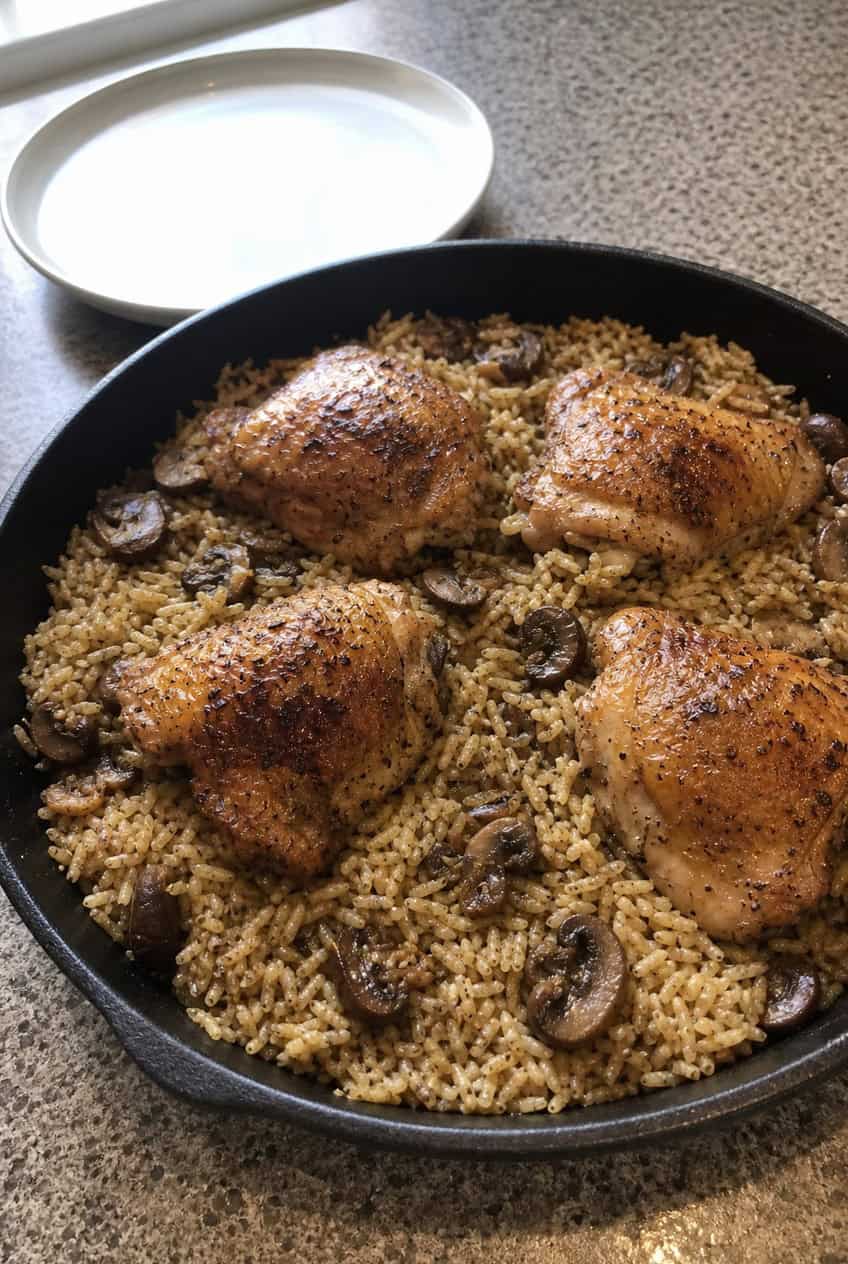 A dark-handled skillet containing fluffy seasoned white rice mixed with sliced cremini mushrooms and shredded rotisserie chicken, photographed from slightly above on a wooden table.