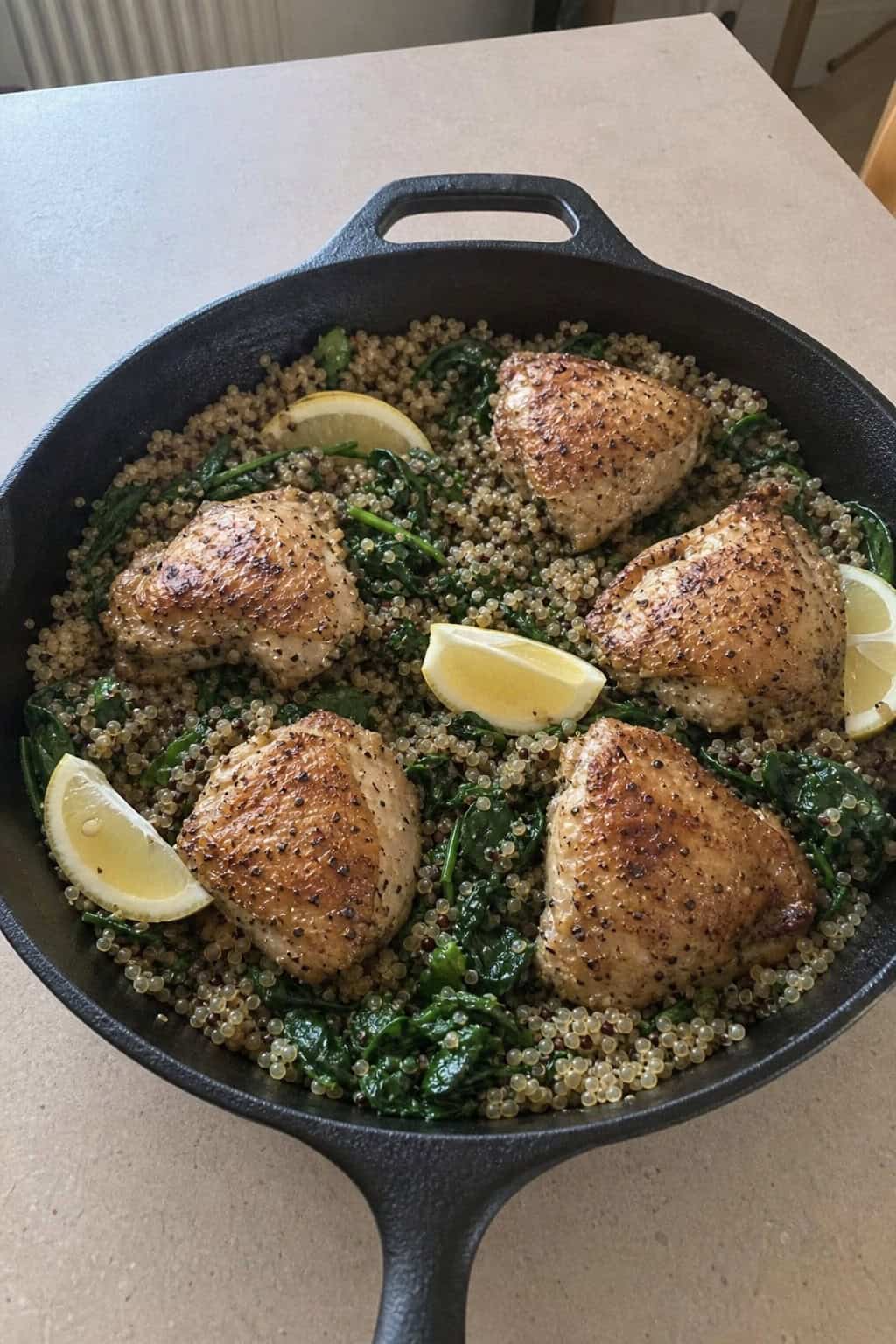 A skillet containing roasted chicken, quinoa, and sautéed spinach on a wooden table.