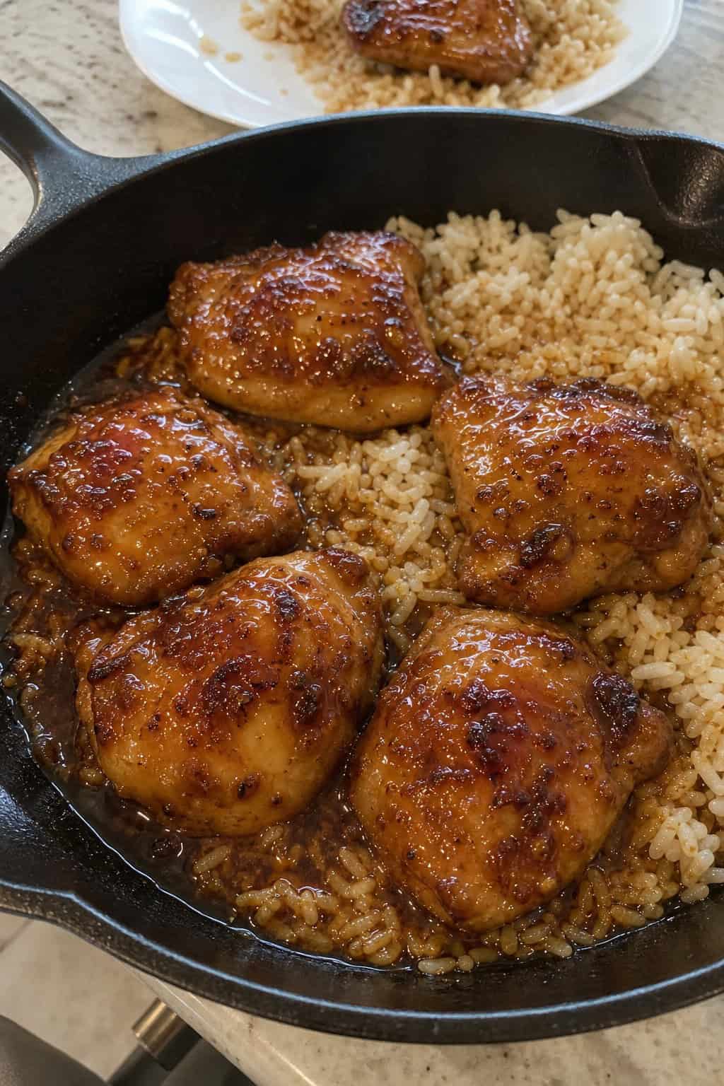 A skillet with honey garlic chicken thighs served over white rice, garnished with fresh herbs on a wooden table.