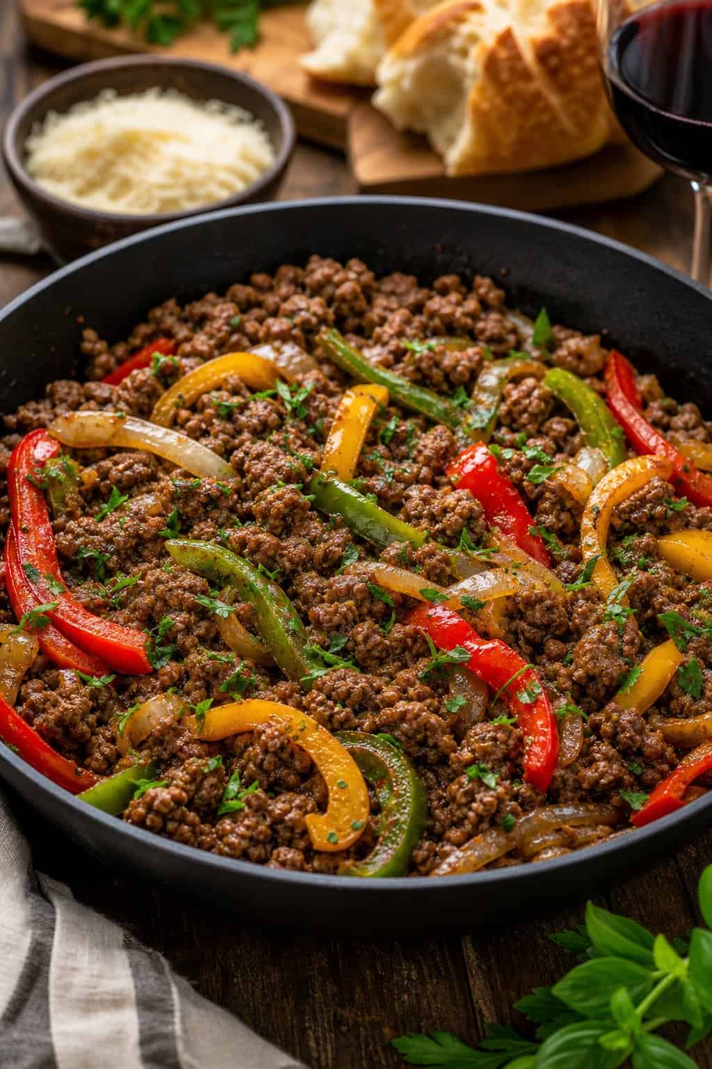 A skillet filled with cooked ground beef, colorful bell peppers, and onions on a wooden table, garnished with fresh herbs.