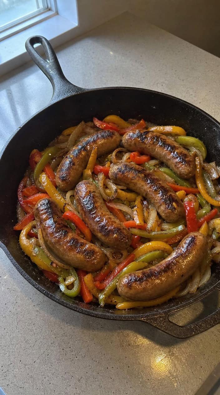 A skillet filled with cooked Italian sausages, colorful bell peppers, and onions on a wooden surface.