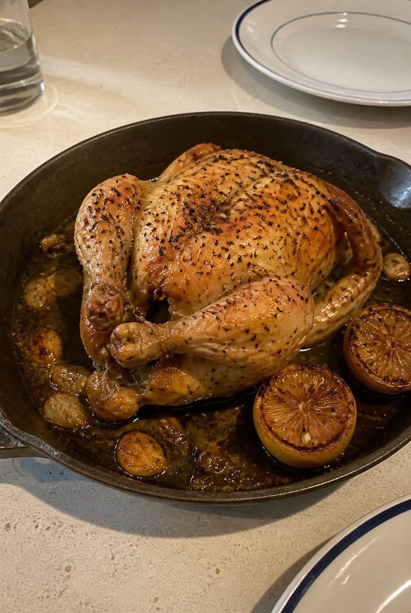 Bone-in chicken thighs roasted golden brown with halved lemon slices, whole garlic cloves, and fresh rosemary in a dark roasting pan.