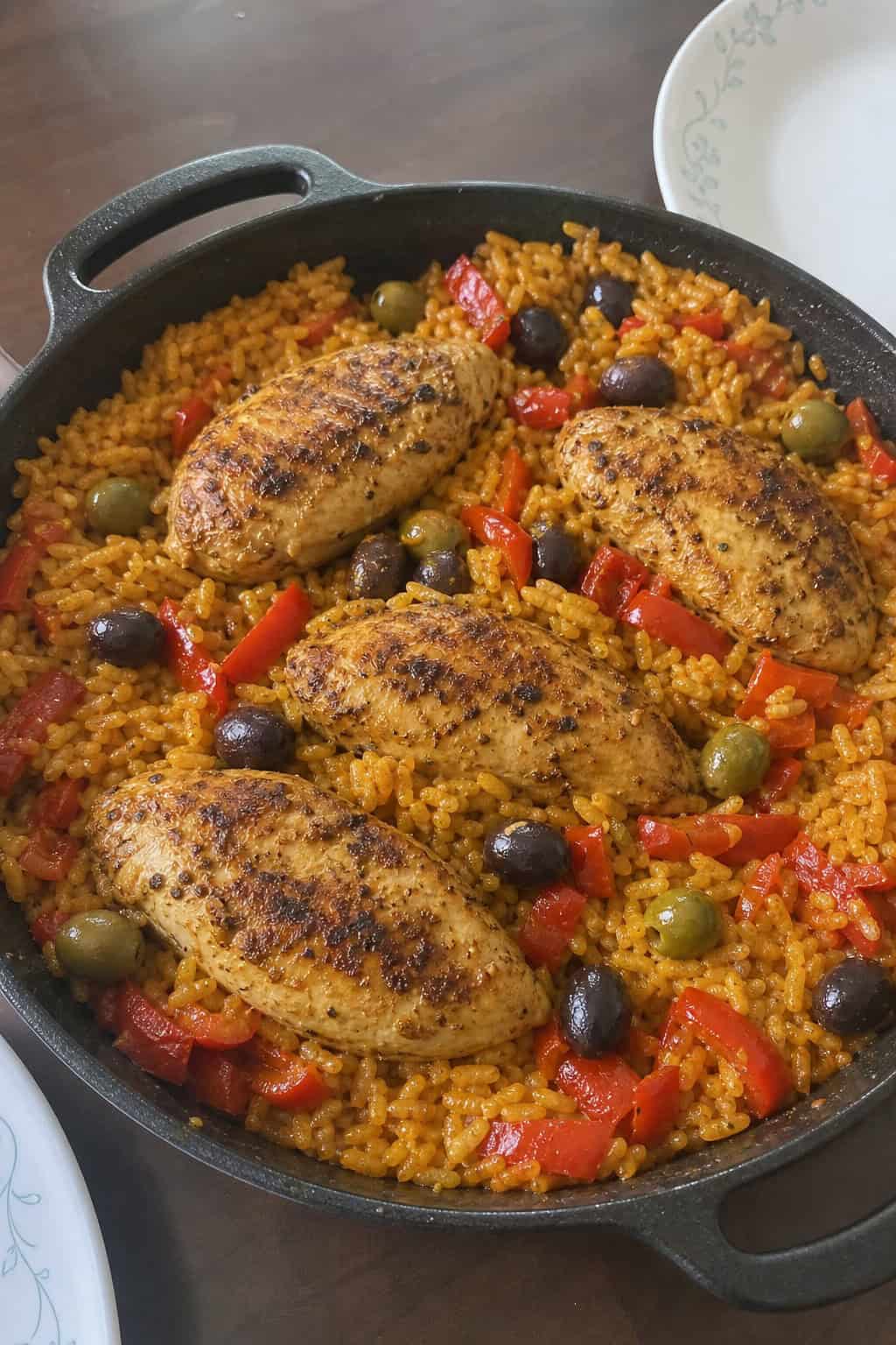 A pan of cooked Spanish chicken breasts with rice, olives, and roasted red peppers on a wooden table.