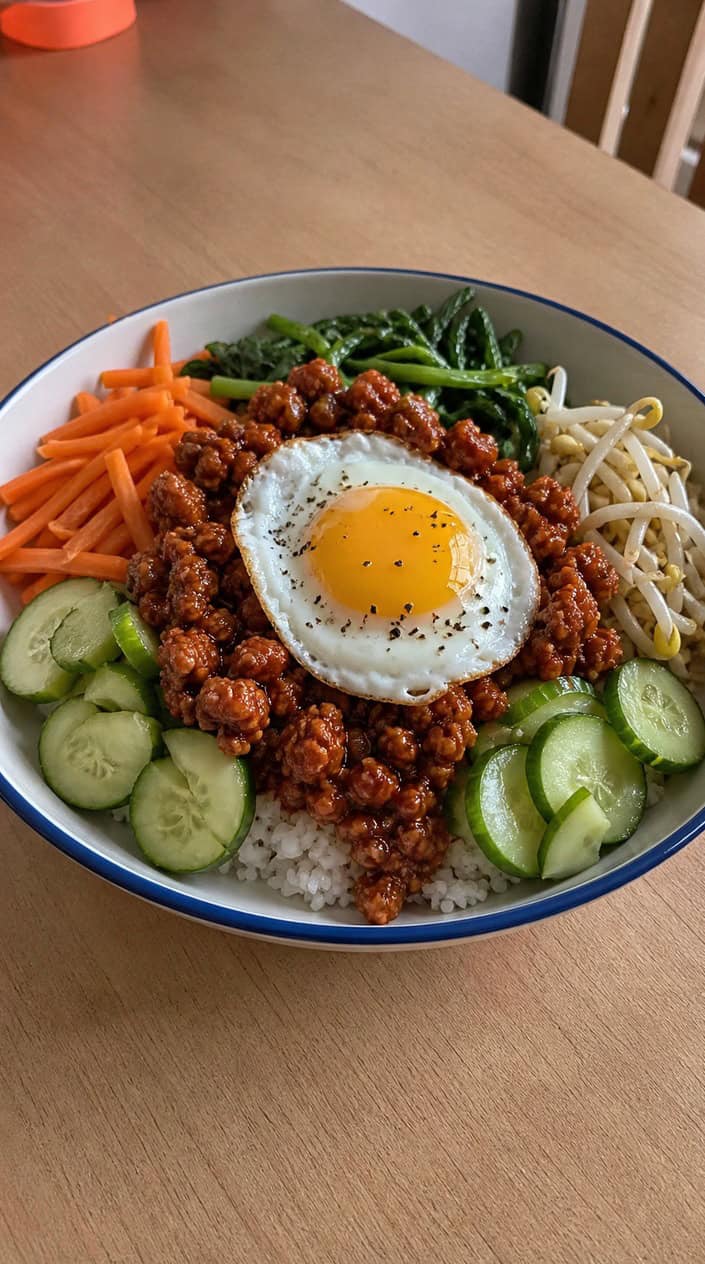 A skillet filled with spicy ground chicken bibimbap topped with a fried egg and surrounded by colorful vegetables.