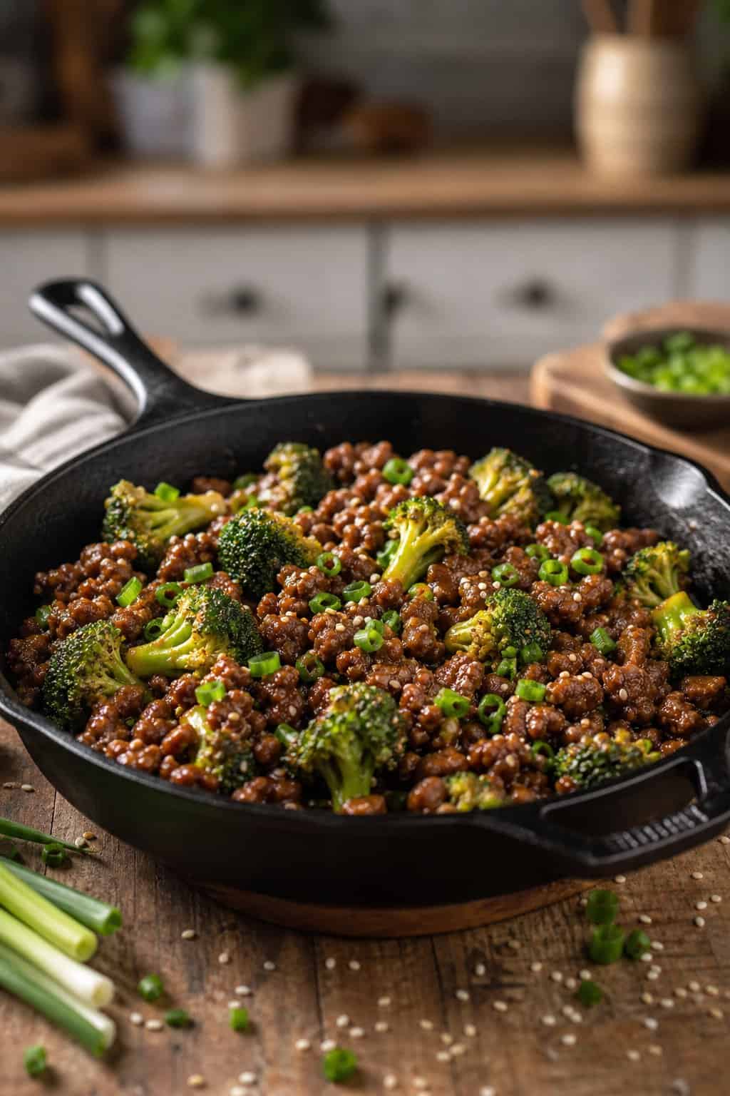 A skillet filled with cooked ground beef and broccoli coated in hoisin sauce on a wooden table.