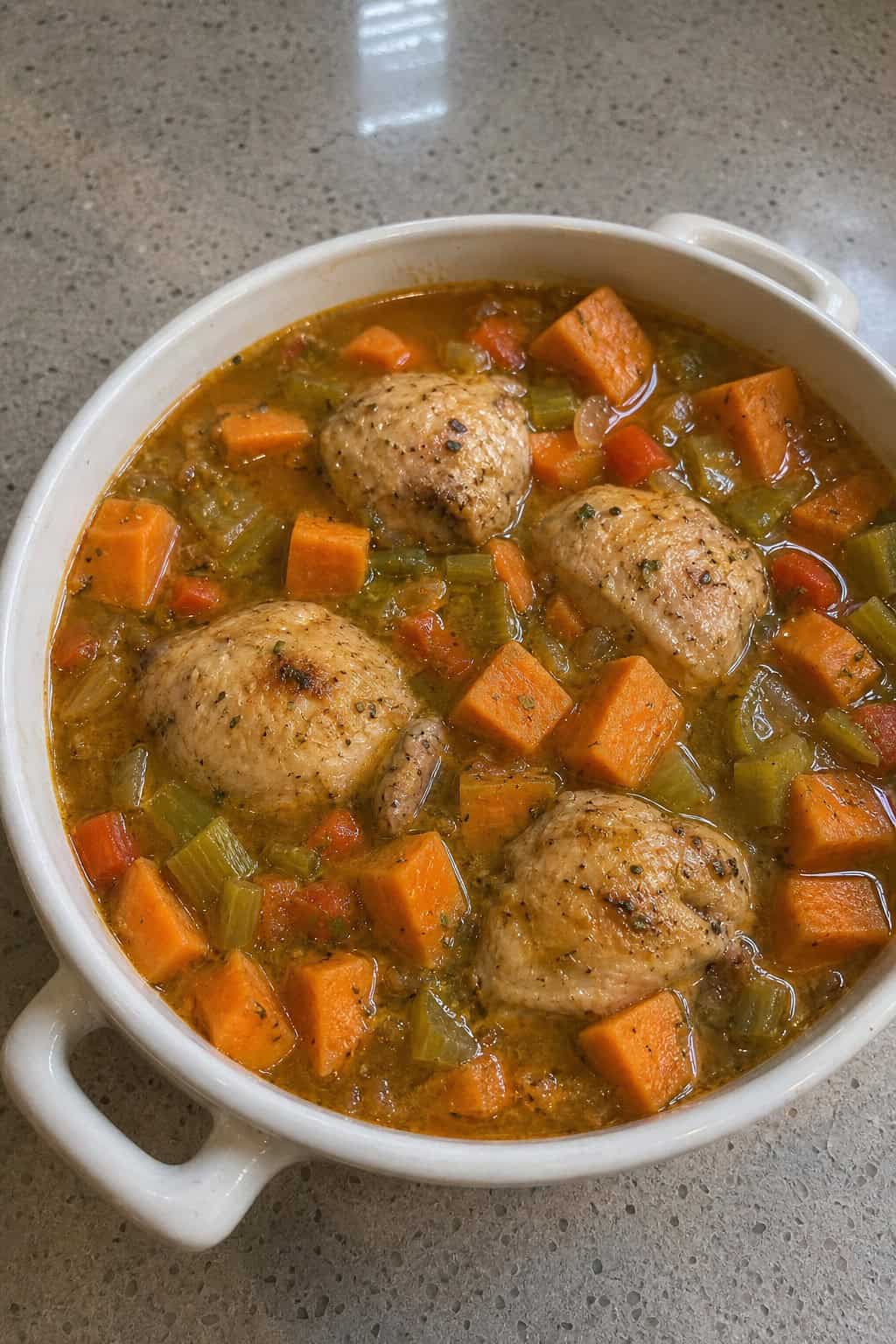 A steaming pot of chicken and vegetable stew with sweet potatoes, carrots, and herbs on a wooden table.