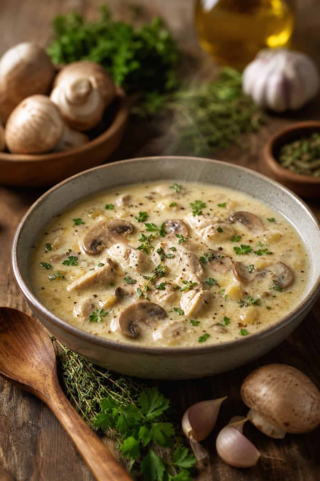 A bowl of creamy chicken and mushroom soup on a wooden table with fresh mushrooms and herbs nearby.