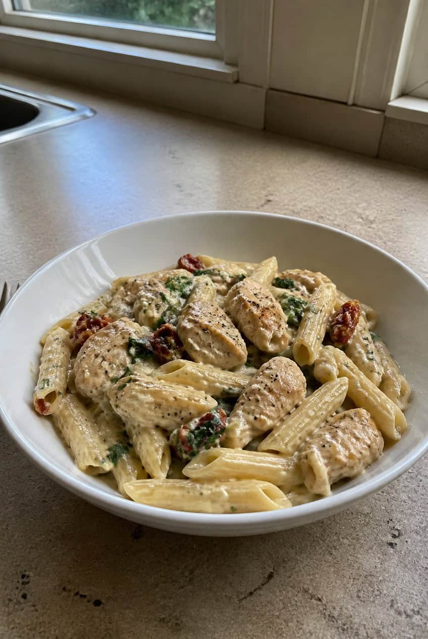 A deep bowl of creamy penne pasta with tender chicken pieces, topped with fresh chopped parsley and shaved Parmesan, with a blurred kitchen background.