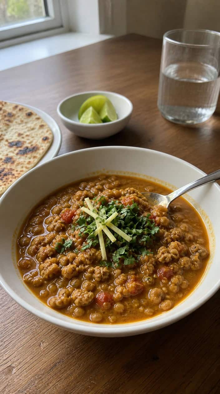 A bowl of ground chicken and lentil curry with fresh herbs on a wooden table surrounded by spices and ingredients.