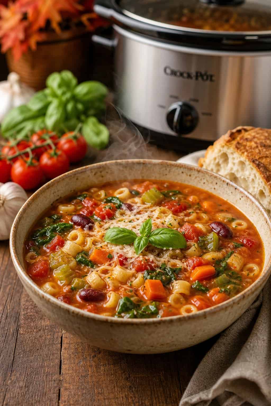 A bowl of steaming minestrone soup with pasta on a wooden table, surrounded by fresh vegetables and bread.