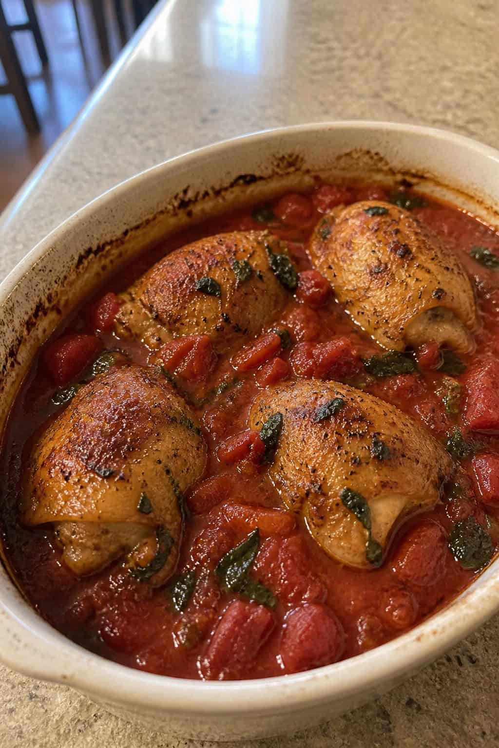 A pot of braised chicken thighs cooked in tomato sauce with fresh basil leaves on a wooden table.