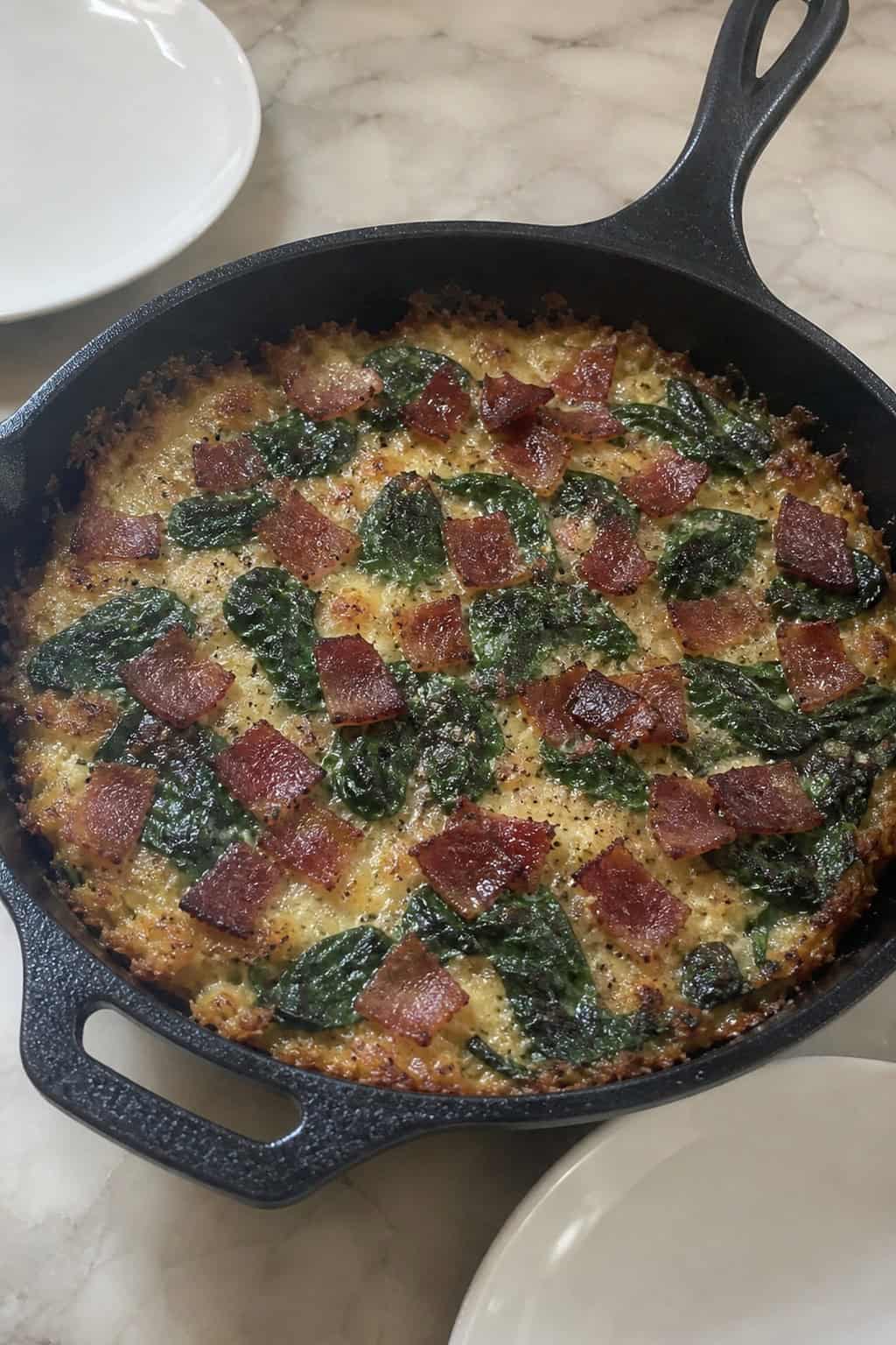A skillet filled with a baked dish of hashbrowns, spinach, and bacon on a wooden table.