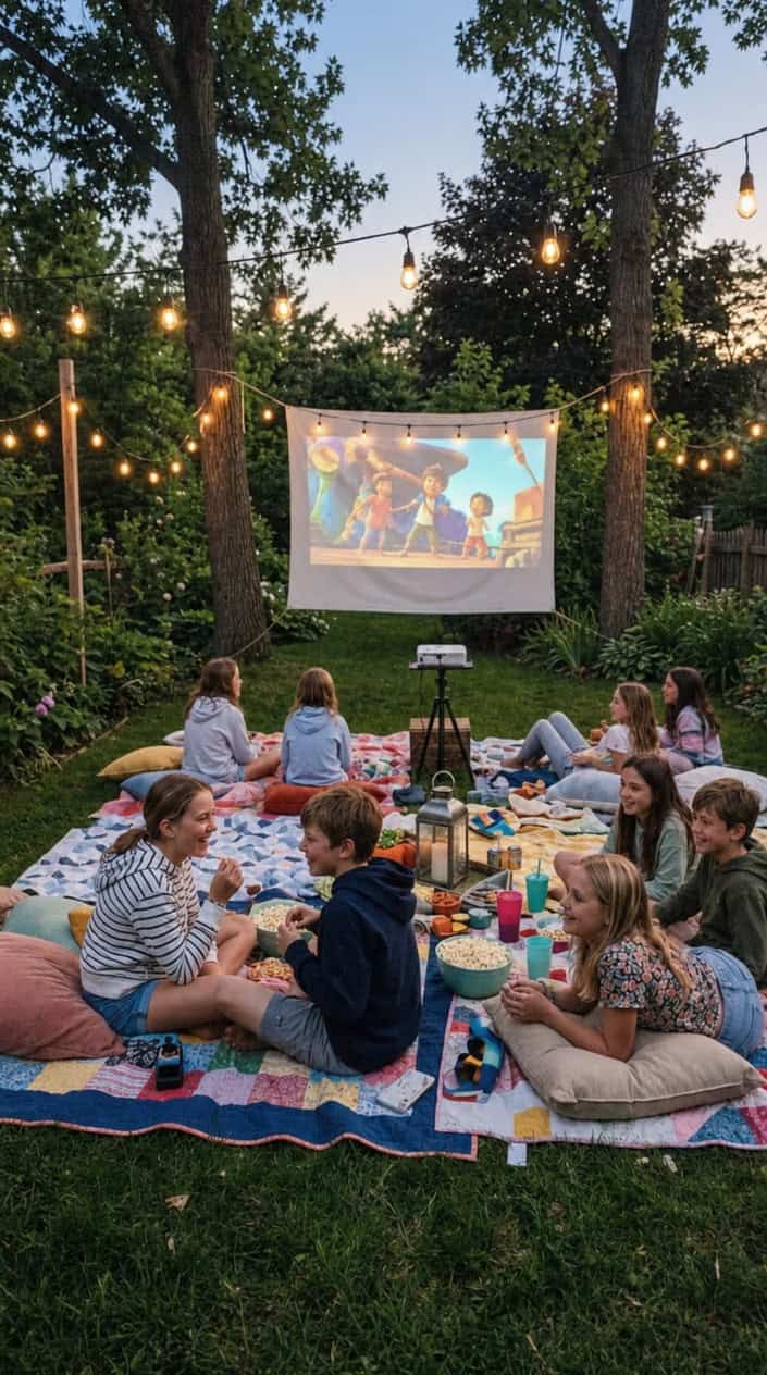 18 Kid-Friendly Outdoor Summer Activities for Tweens and Older Kids 10 Children sitting cross-legged on quilts and pillows in a backyard, faces lit by the glow of a movie projected onto a white sheet strung between two trees at dusk.