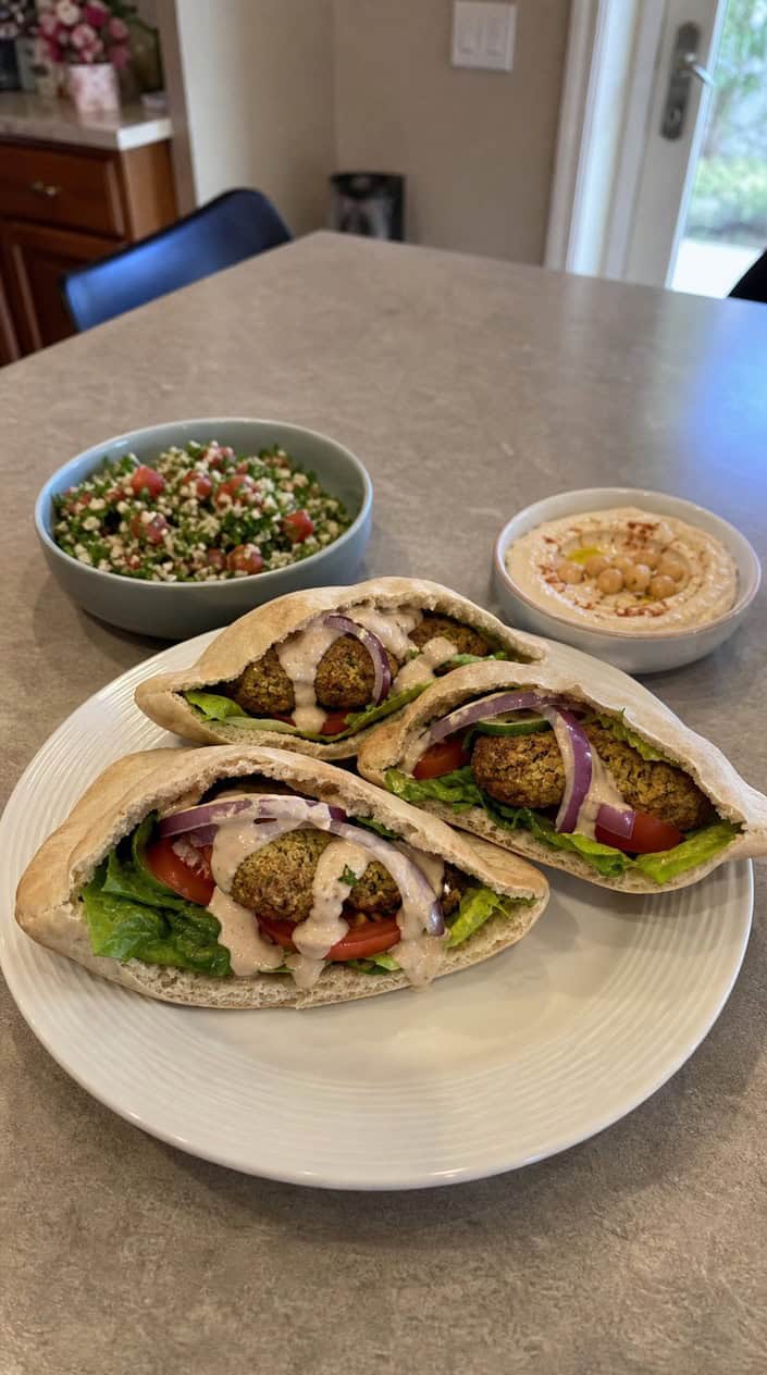Oven-baked falafel pita pockets filled with fresh vegetables and sauce on a wooden table with small bowls of side dishes.