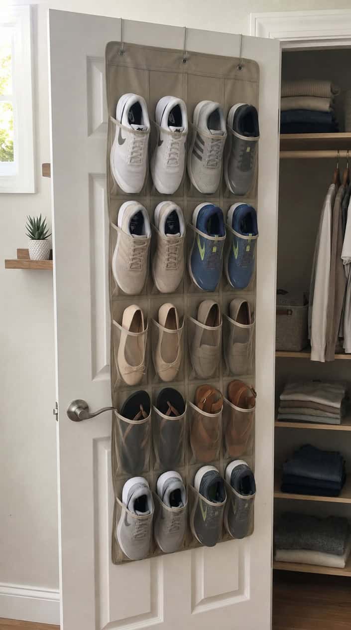 An over-the-door 12-pocket shoe organizer hanging on a white door filled with various shoes in a tidy closet space.