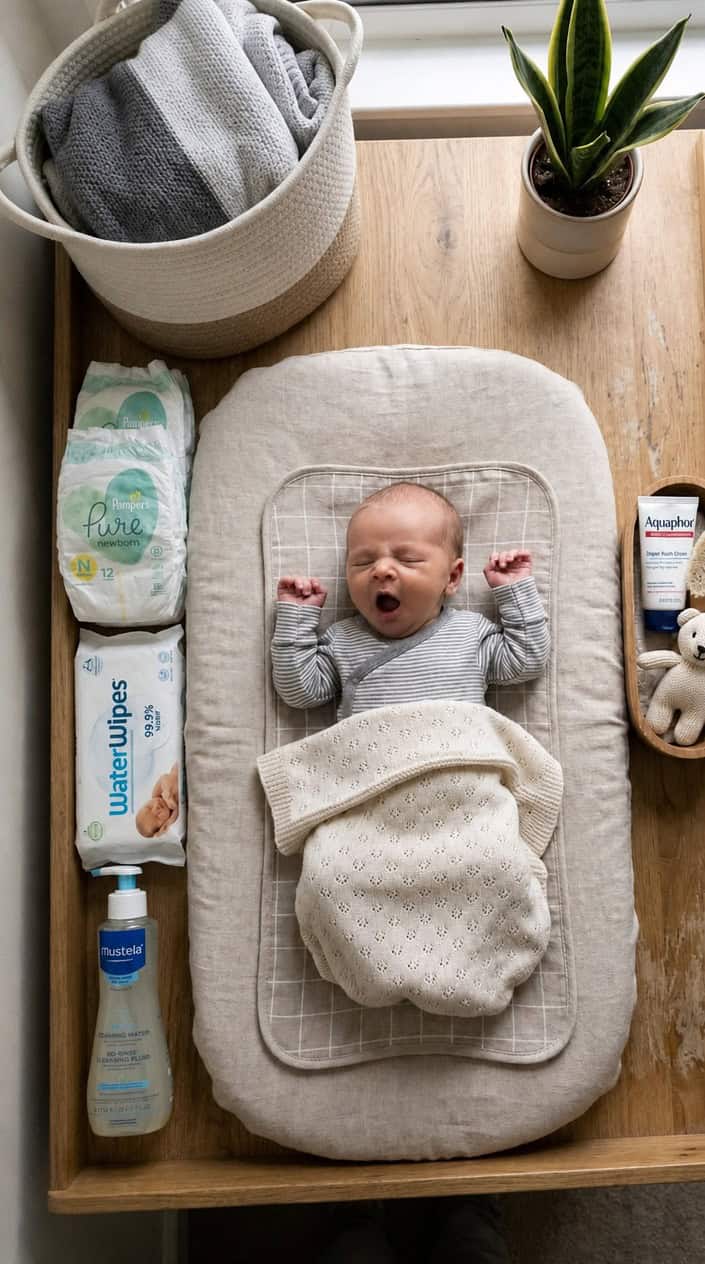 Overhead view of a baby yawning on a changing table surrounded by neatly arranged baby care items.