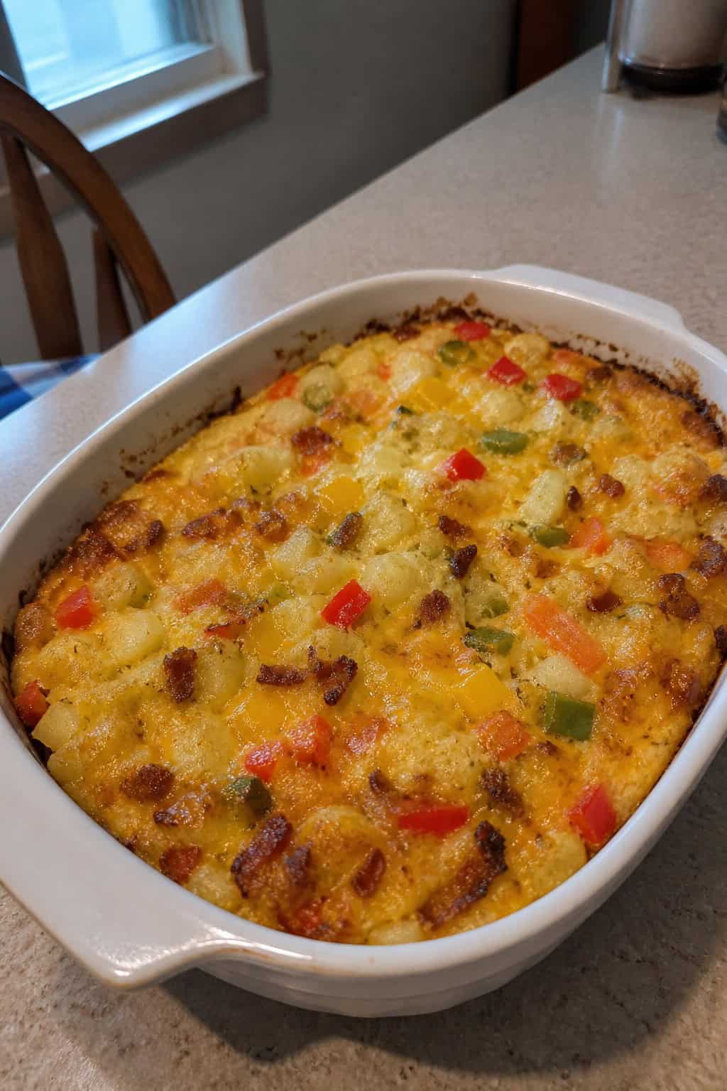 A hashbrown breakfast casserole in a white ceramic dish with a golden top, sitting on a wood table in soft morning light with a fork resting on the edge.