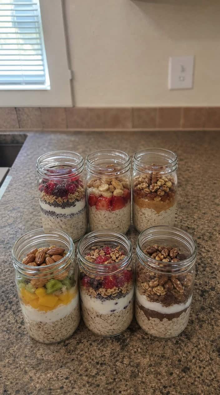 Glass jars filled with layered overnight oats and fresh fruits arranged on a kitchen countertop.