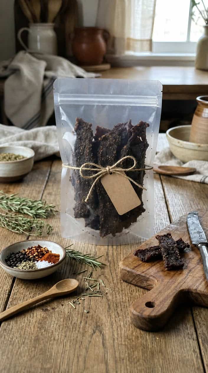 A pack of homemade beef jerky on a wooden table surrounded by herbs and spices.