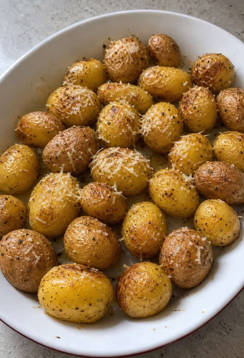 Golden potatoes coated in parmesan cheese and herbs, arranged on a baking sheet. A sprinkle of salt and pepper adds the finishing touch